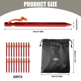 Aluminium Tent Pegs Heavy Duty, 20 Pack Red Camping Ground Pegs with Reflective Ropes and Carry Bag, 18cm Metal Tent Stakes, for Beach Hiking Tarps Hammock Outdoor Use