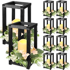 Hushee 30 Pcs Wooden Wedding Lantern Centerpiece Integrated Holders with Candles and Wreaths Rustic Wooden Candle Lantern Decor for Wedding Party Table Valentine Decor (Black)
