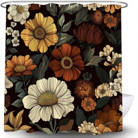 Black Boho Floral Shower Curtain Vintage Mid Century Modern Tropical Leaves Flower Colorful Abstract Botanical Aesthetic Retro Fabric Bathroom Curtain Decor with Hook