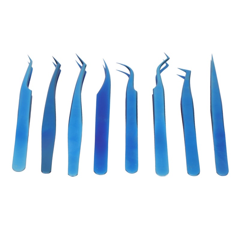 8pcs Eyelash Tweezers Stainless Steel Fine Tip Ergonomic Blue Titanium
