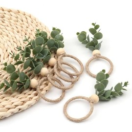 6 Pcs Napkin Rings with Artificial Eucalyptus Leaf Wood Bead Jute Rope for Christmas Farmhouse Wedding Home Dining Table Party Decoration, Napkin Accessories