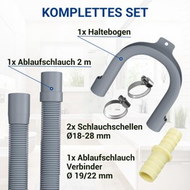 VIOKS Set Flexibler Abwasserschlauch Spülmaschine 2 Meter 19/22mmØ + 2x Klemmen Schlauchschellen Edelstahl 18-28mmØ + 1x Schlauch Verbindungsstück + 1x Haltebogen - Ablaufschlauch Waschmaschine Set