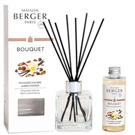 MAISON BERGER - Reed Diffuser Clear Glass Scented Bouquet - 8 Black Reed Sticks (8.3 inches) - Includes 100 Milliliters (3.4 Fluid Ounces) Fragrance Refill (Amber Powder)