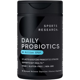 Sports Research Daily Probiotics with Prebiotics, 60 Billion CFU - Vegan Capsules Probiotics for Women & Men - Non-GMO Verified & Gluten Free - 30 Count