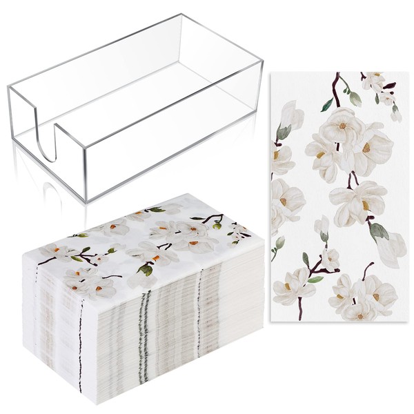Outus 100 Pcs Paper Guest Towels with Acrylic Napkin Holder, Disposable Bathroom Paper Towels Floral White Magnolia Hand Napkins with Tray for Bathroom Powder Room Guest Room Party Decor