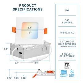 PARMIDA (6 Pack) 3 Inch Square 5CCT Ultra-Thin LED Recessed Lighting with Junction Box, 2700K/3000K/3500K/4000K/5000K 5 Color Selectable, 8W, Dimmable, Canless Wafer Slim Panel Lights, IC Rated, ETL