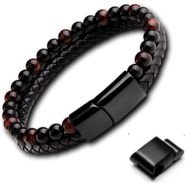genac Original bracelet for men made of natural stone beads 6 mm and genuine leather with removable stainless steel magnetic clasp for easy adjustment of the length., Stone