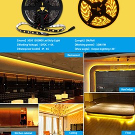 Qoope Yellow 16.4ft LED Strip Lights, Flexible 5M 300SMD Warm White LED Tape Lights, Waterproof 12V Rope Lights for TV Backlight, Cabinet, Kitchen, Cuttable LED Indoor Outdoor Christmas Decoration