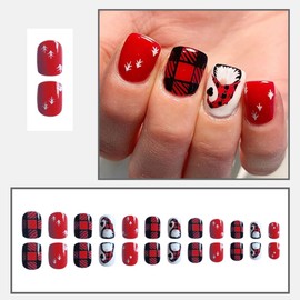 24 Pcs Christmas Press on Nails Short Square - SHANRUN Xmas Red Fake Nails Press ons Nail Art Tip Glue on Nails Full Cover Artificial Acrylic False Nails Stick on Nails with Grid Dwarfs Design