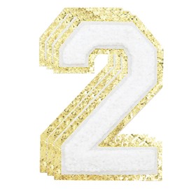 TXSN 3PCS White Chenille Numbers Patch, Large Size 4-1/2" Iron on Number Patches Varsity Glitter Patches for Clothing, 2