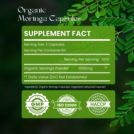 Hebhac Herbs Organic Moringa Capsules 120 Capsules 1000mg – Metabolism, & Immune Support Nutrient-Rich superfood | Non GMO and Gluten Free