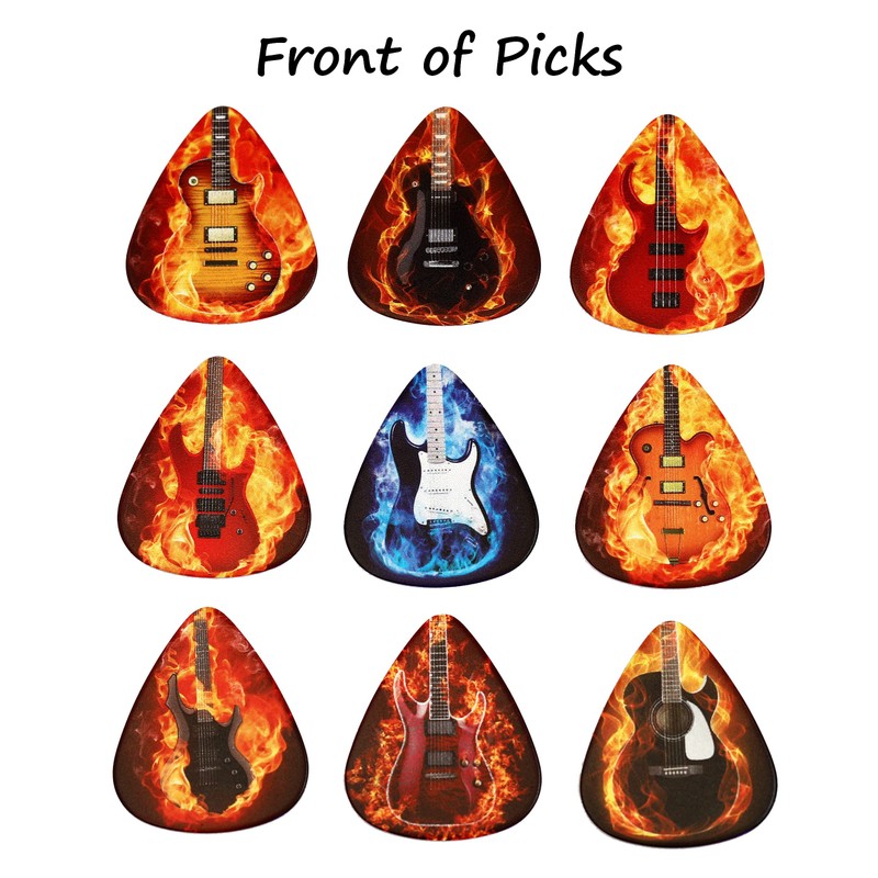 Tin of 9 Flaming Guitar Plectrums - Double sided -