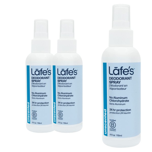 Lafe's Natural Deodorant | 4oz Aluminum Free Natural Deodorant Spray for Women & Men | Paraben Free & Baking Soda Free with 24-Hour Protection | Unscented | 3 Pack | Packaging May Vary