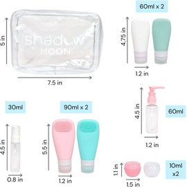 ShadowMoon - Botellas de viaje aprobadas por la TSA, 2 onzas, 3 onzas, a prueba de fugas, sin BPA, accesorios cosméticos de silicona exprimibles, recipientes de viaje para champú, loción, jabón líquido (15 piezas), Carry-on Approved Sizing