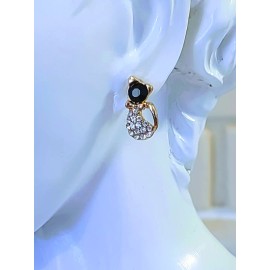 Bejeweled ONYX AND CZ GOLDTONE CAT EARRINGS
