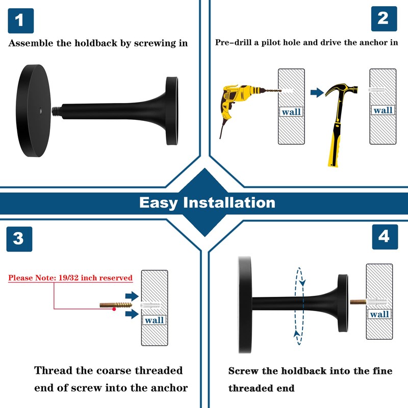 KOLAKO Curtain Tie Backs Hooks, Black Curtain Holdbacks Metal Wall