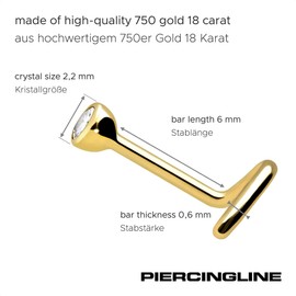 PIERCINGLINE 750 Gold Nose Piercing Spiral | 18 Carat | 2.2 mm Crystal | Piercing Nose Stud | Choice of Colours, White Gold, Cubic Zirconia