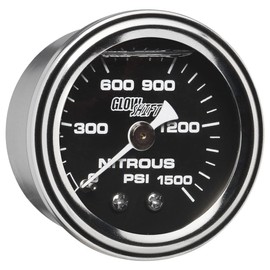 GlowShift Liquid Filled Mechanical 1,500 PSI Nitrous Pressure Gauge - Black Dial - Installs to NOS Bottle - 1/8-27 NPT Thread - 1-1/2" (38mm) Diameter