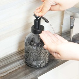 SEICASAYA Glass Soap Dispenser with Pump, 12oz Vintage Tropical Leaf Pattern, Thickened Glass & Plastic, Farmhouse Bathroom or Kitchen Accessory (Grey)