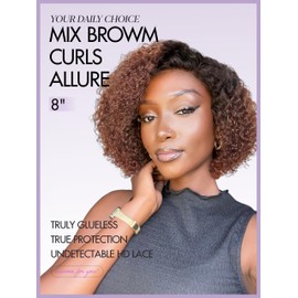 LUVME HAIR Kinky Curly Wig 12 Inch Ombre Mix Brown Bob Wig Glueless HD Wig Human Hair Pre Cut Glueless HD Lace Closure Wig, C-Side Parted Short Curly Wigs For Women