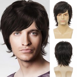 Swiking Black Short Wigs for Men Layered Synthetic Side Part Wig With Bangs Fluffy Male Hair for Daily Use