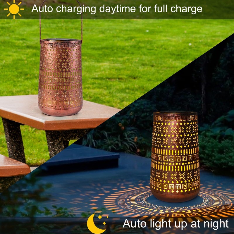 Solar Lantern Outdoor Hanging Lights, Moroccan Metal Hollow-Out Solar Lantern