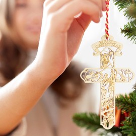 Jolette Designs Nativity Cross Christmas Ornament Gift, Real Wooden Decor for Tree, Office, Car. Unique Wood Holy Family Scene Gifts, 4.5X 2.625, Made in USA, Keepsake Tells The Whole Christmas Story