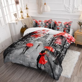 Paris Style Comforter Set for Girls Teens, Twin Size France Eiffel Tower Bedroom Themed Bedding Comforter with 2 Red Maple Leaf with Lover Couple in The Rain Patterned Pillowcases-68 x86(Twin,Red)