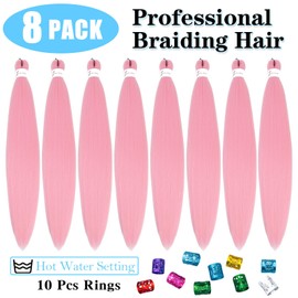 22 Inch 8 Pack Braiding Hair Pre Stretched For Women Girls Professional Crochet Braid Hair for Braiding Yaki Texture Straight Prestretched Braiding Hair Hot Water Setting (22Inch,Pink)