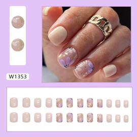 24 Pcs Press on Nails Short Square - MINGCHUN Fall Winter Purple Fake Nails Press ons French Nail Art Tips with Flower Design Full Cover Acrylic Autumn False Nails Glue on Nails Stick on Nails