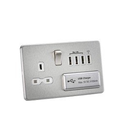Knightsbridge SFR7USB4BC Screwless 1G 13A Switched Socket with Quad USB Charger 5V Dc 5.1A-Brushed Chrome with Black Insert, Silver