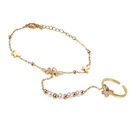 Aroncent Women's Pearl Bracelet Ring: Elegant Pearl Bracelet with Shell Butterfly and Stainless Steel Adjustable Bracelet Ring Set for Women, One size, Stainless Steel, No Gemstone
