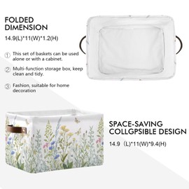 xigua Vintage Colorful Herbs Wild Flowers Floral Storage Basket Collapsible Toy Storage Bins Waterproof Canvas Storage Basket with Leather Handles for Home Closets Offices,Bedrooms,Kids Toy and Gift
