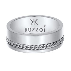 Kuzzoi 0608572622 Men's Band Ring with Curb Chain Element 925 Sterling Silver Wide Silver Ring (8 mm) Polished Ring for Men Ring Size 60 - 66