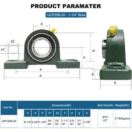 4 Pack UCP206-20 Pillow Block Mounted Ball Bearing - 1-1/4" Bore - Solid Cast Iron Base - Self Aligning (206)