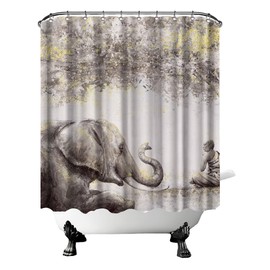 FuShvre Zen Shower Curtain Set Elephant Monk Under Pipal Tree Bath Curtain Peaceful Bathroom Decor Hooks Included 72"x72"