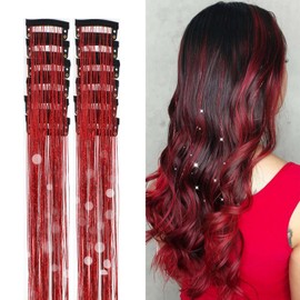 12Pcs Hair Tinsel Clip in Glitter Tinsel Hair Extensions 19.6Inch Clip in Hair Tinsel Kit Heat Resistant Shiny Sparkly Fairy Hair Accessories for Women Girls Kids (Red)