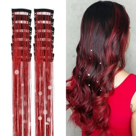 12Pcs Hair Tinsel Clip in Glitter Tinsel Hair Extensions 19.6Inch Clip in Hair Tinsel Kit Heat Resistant Shiny Sparkly Fairy Hair Accessories for Women Girls Kids (Red)