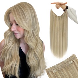 YoungSee Highlight Real Hair Wire Extensions #16/22 Wire Human Hair Extensions Dark Ash Blonde Highlights Golden Blonde Straight Wire Extensions with Adjustable Clips Hairpiece 80G 16Inch