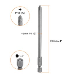 HARFINGTON 5pcs #2 Phillips Screwdriver Bit PH2 1/4" Hex Shank 4" (100mm) Long Magnetic S2 Steel Industrial Grade Screw Driver Bit Cross Head Electric Drill Bits 0.197" (5mm) Rod