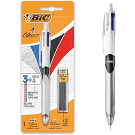 BIC 4 Colours Pen and Pencil Combo, 3 Ballpoint Pens Medium 1.0mm Blue, Black, Red, 1 Mechanical Pencil, 12 Leads Medium 0.7mm, 1 Per Pack, 1 Pack