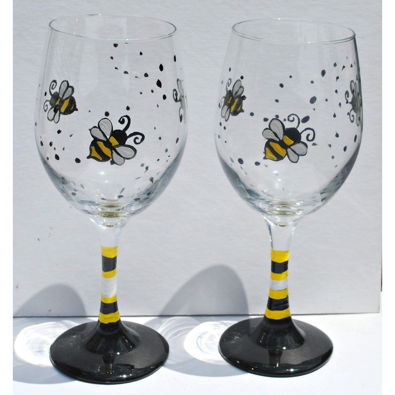 Honey Bee Hand Painted Stemmed Wine Glasses Set of 2