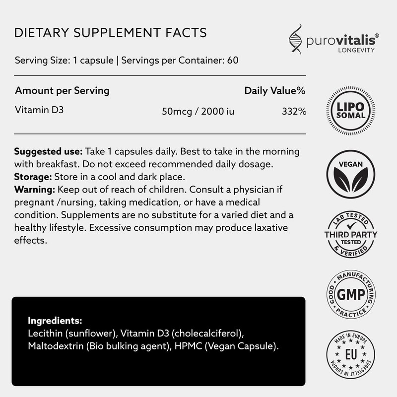 PUROVITALIS Liposomal Vitamin D3 2000iu, 60 Servings (60 Vegan Capsules),