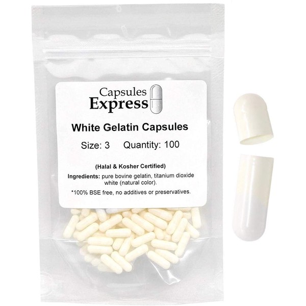 Capsules Express- Size 3 White Empty Gelatin Capsules - Kosher - Pure Gelatin Pill Capsule - DIY Powder Filling