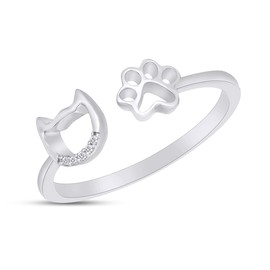 Round Cut Natural White Diamond Accent Open Adjustable Cat Outline And Dog Paw Print Open Statement Ring In 14k White Gold Over Sterling Silver Jewelry For Women Pet Loving Friend Family (0.03 Cttw)