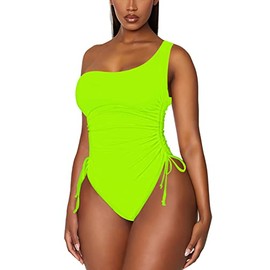 Viottiset Traje de baño de una pieza con un hombro fruncido y control de abdomen para mujer, Verde neón, L