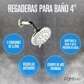 Regaderas para Baño 4" | 5 Funciones de Lluvia y Boquillas Antisarro | Cuerpo de ABS Cromado de Alta Calidad | Incluye Brazo de Instalación | Cabezal de Ducha Para Baja y Alta Presión de Agua | FONTHY