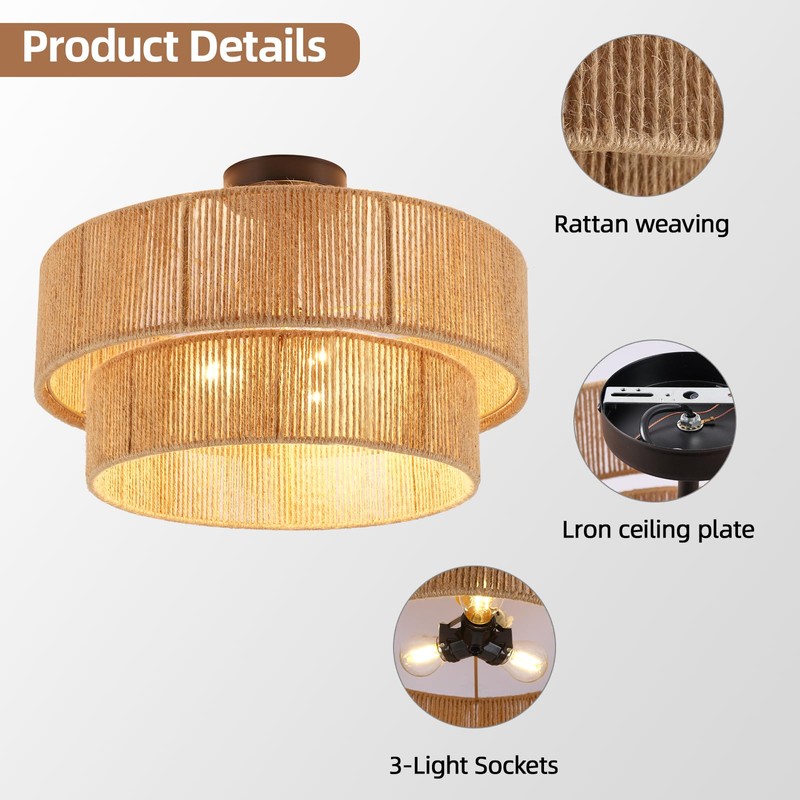 Fenluster Boho Semi Flush Mount Ceiling Light Rattan Ceiling Light