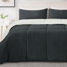 MERITLIFE Queen Size Comforter Set-3 Pieces Bed in a Bag Fluffy Queen Bedding Comforter Sets Dark Grey Soft Sherpa Comforter and Pillowcase Luxury Warm Bedding Set for Winter