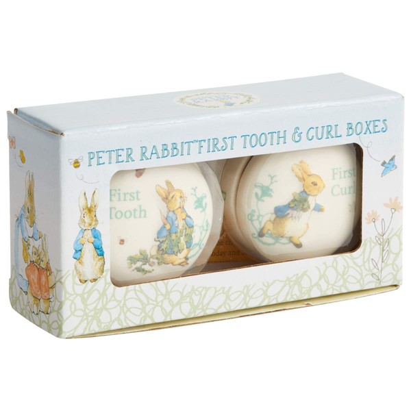 Enesco Beatrix Potter Peter Rabbit Tooth and Curl Boxes Baby Nursery Keepsake Set, 1.26 Inch, White